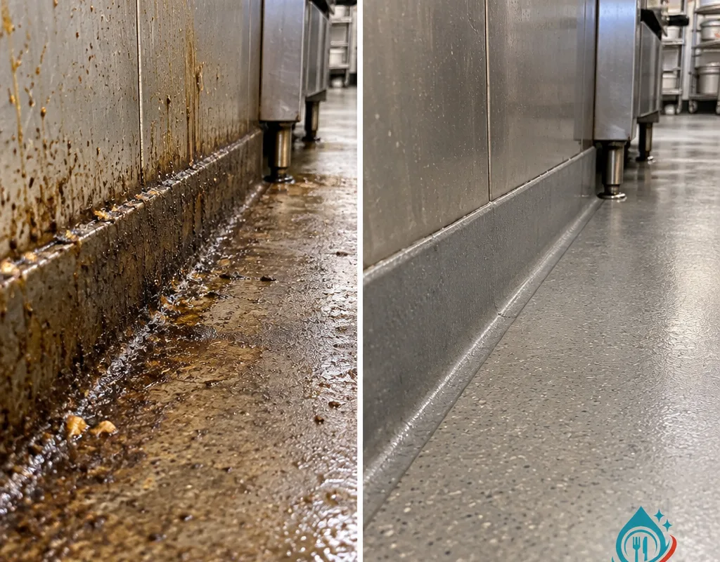Before and after of a cookline floor edge and cove base with grease buildup removed