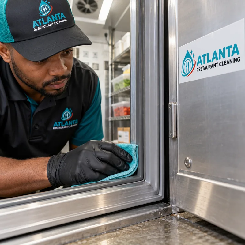 Cleaned walk-in cooler door gasket and threshold without sticky residue