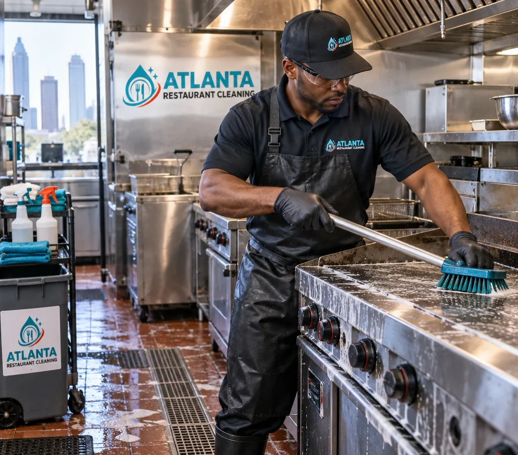 Technician in PPE deep cleaning a commercial cookline in an Atlanta restaurant kitchen