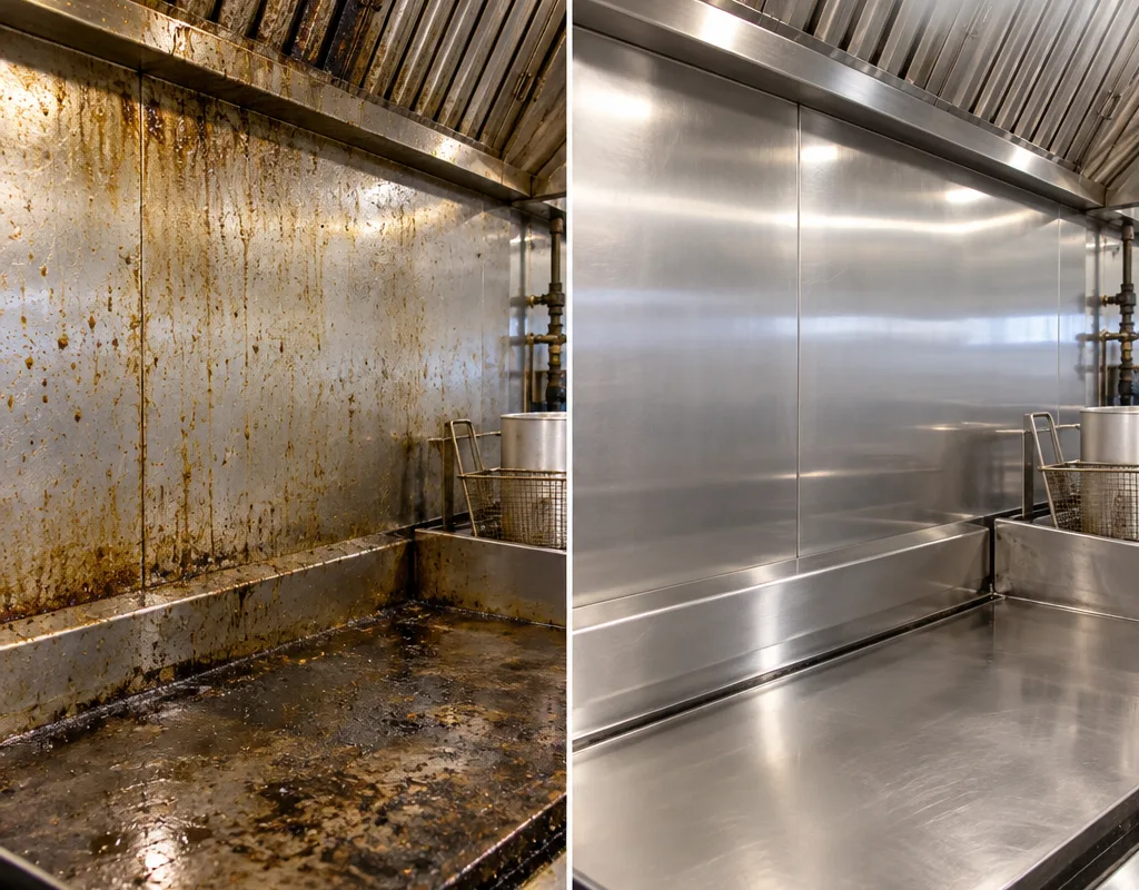Before and after comparison of a commercial cook line stainless panel and backsplash after grease removal