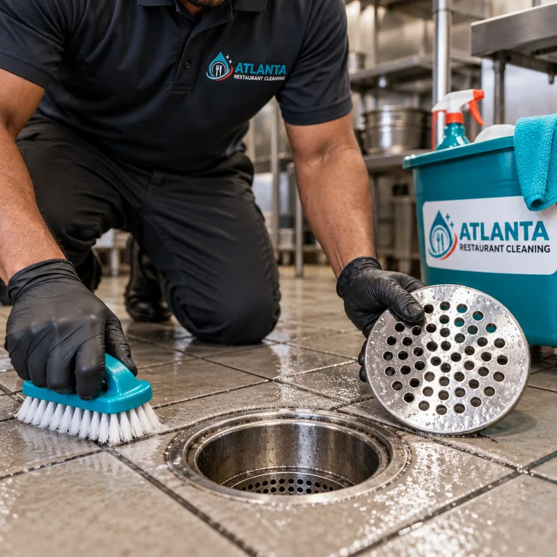 Clean commercial kitchen floor drain with scrubbed surrounding tile and clean grout lines