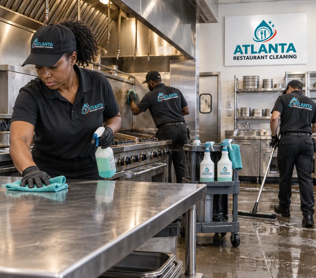 Professional cleaning crew wiping stainless prep tables and degreasing a commercial restaurant cook line after close