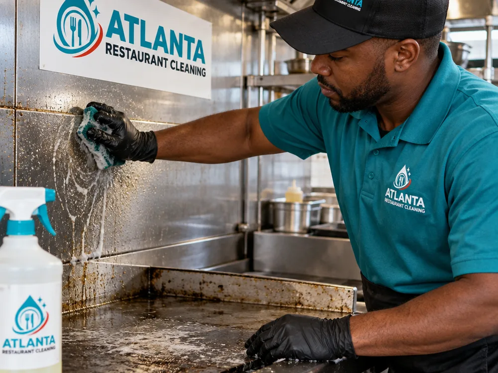 Technician hand-scrubbing greasy stainless steel on a commercial range and backsplash with kitchen-safe degreaser