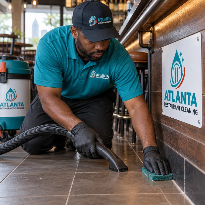Technician detailing a restaurant floor edge and baseboard near a bar with a scrub pad and wet vacuum