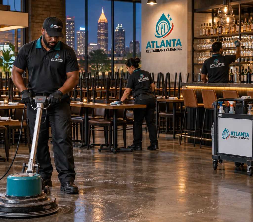 After-hours restaurant team cleaning an Atlanta dining room and bar area with tables reset and floors being detailed