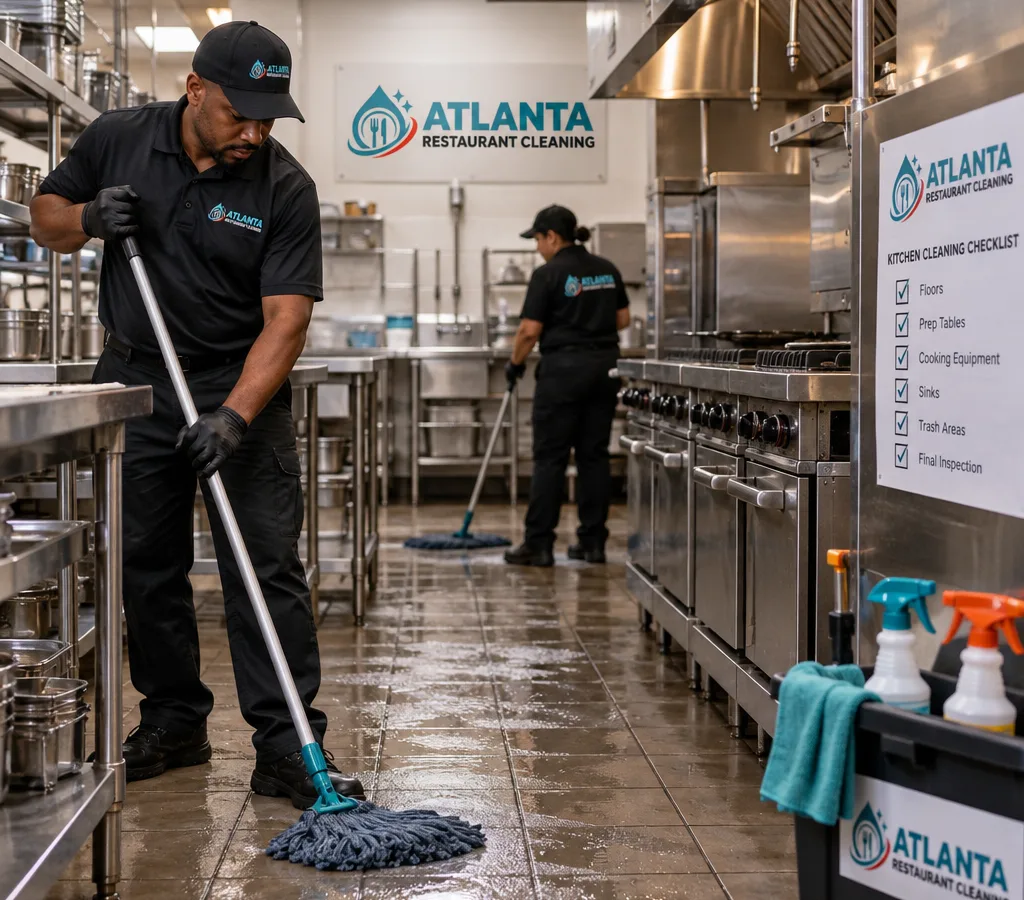 After-hours cleaning crew mopping a commercial kitchen floor beside stainless prep tables and closed line equipment