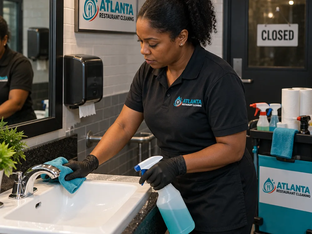 Cleaner disinfecting a restaurant restroom sink and fixtures after hours beside stocked paper products