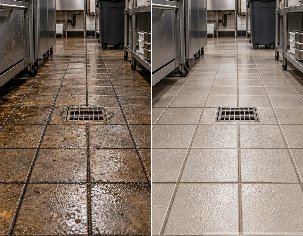 Commercial kitchen tile before and after cleaning with lighter grout and restored texture