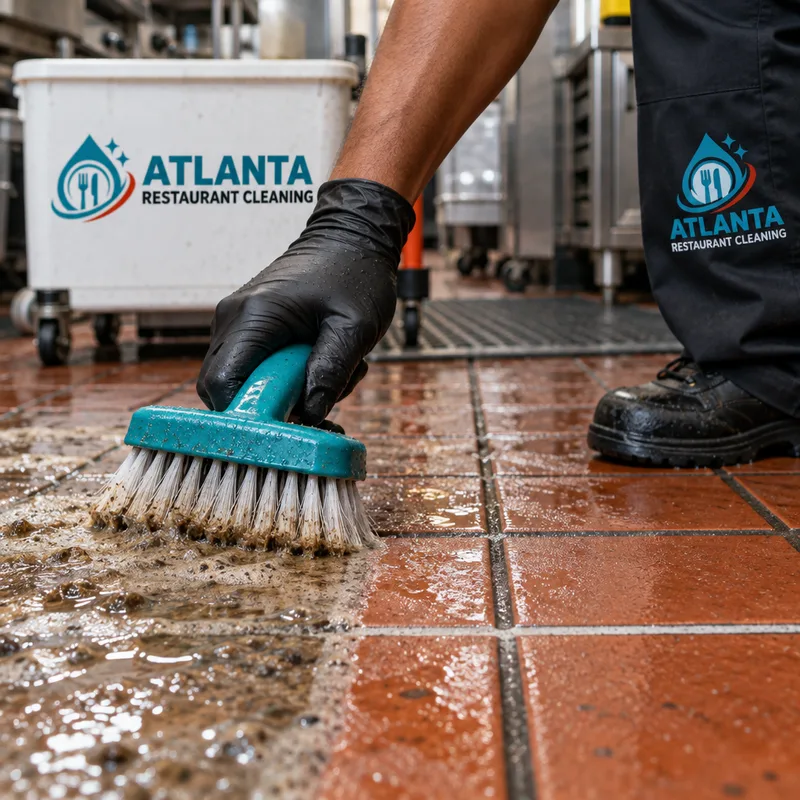 Quarry tile and grout during scrubbing with lifted grease along the scrub path