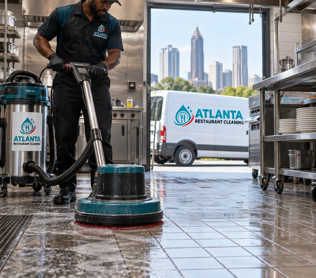 Technician cleaning commercial kitchen tile with a rotary scrubber and wet vacuum