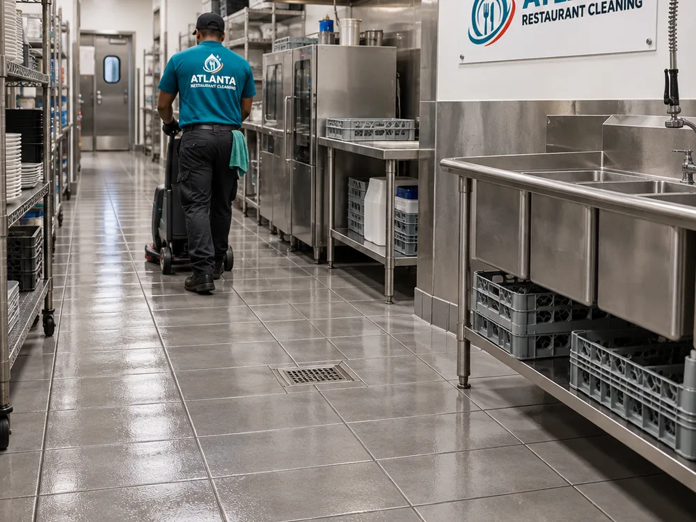 Clean back-of-house corridor and dish area tile after scrub and extraction