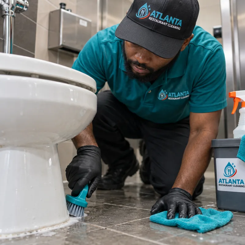 Technician detailing a commercial toilet base, floor edge, splash zones, and grout lines
