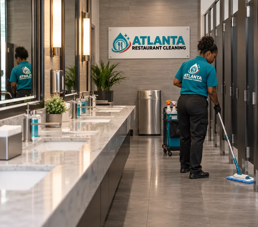 Spotless commercial restaurant restroom with clean sinks, mirrors, partitions, and dry floors in a Brookhaven dining space