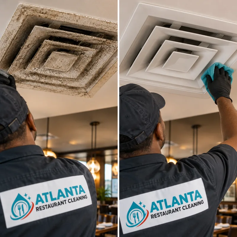 Before and after view of dust buildup removed from a restaurant ceiling vent diffuser