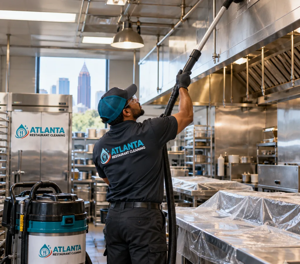 Technician high dusting a restaurant kitchen ceiling with an extension pole and HEPA vacuum near vents and overhead piping