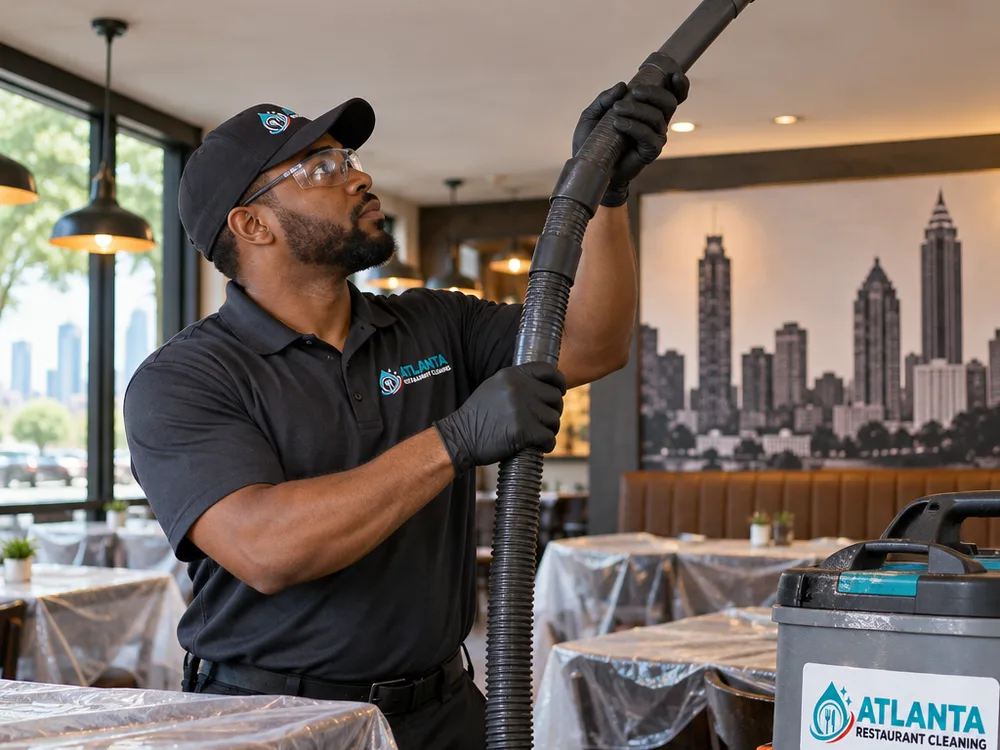 Technician using a HEPA vacuum extension to clean a restaurant HVAC vent while tables are protected