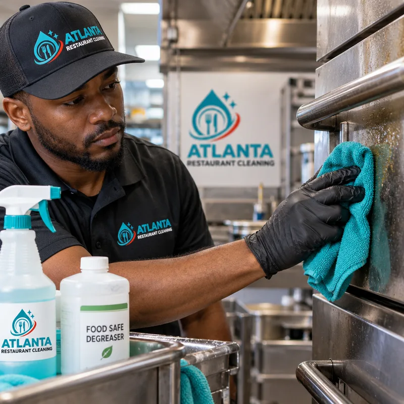 Technician hand-cleaning grease buildup on stainless equipment panels and handles using labeled food-safe products