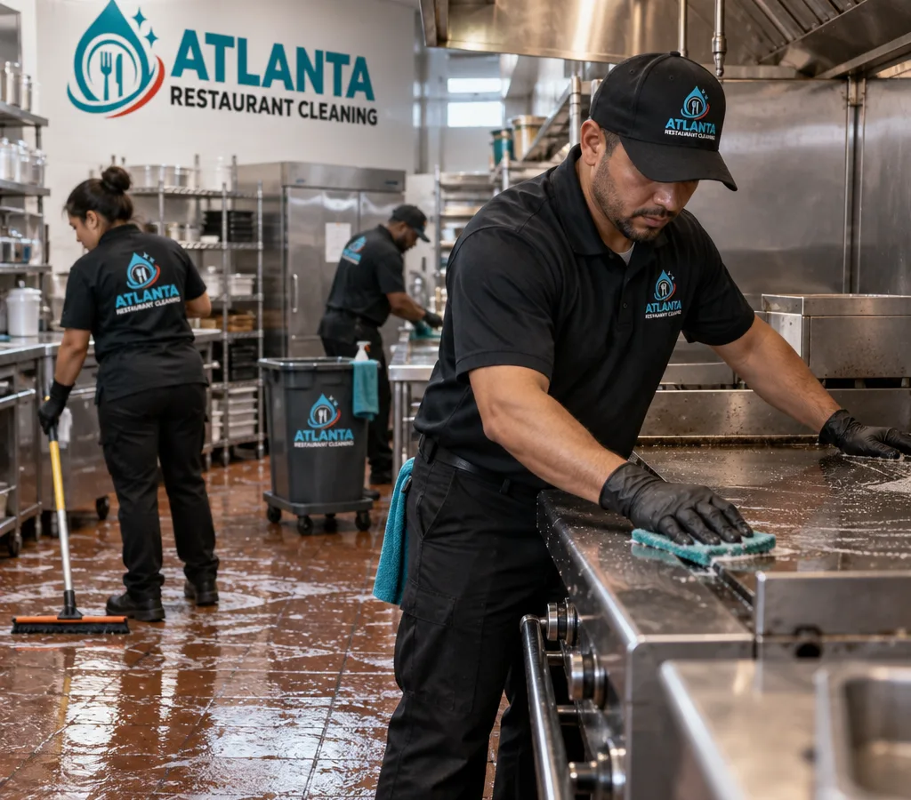 After-hours restaurant crew cleaning a commercial kitchen line with stainless equipment, floors, and prep tables