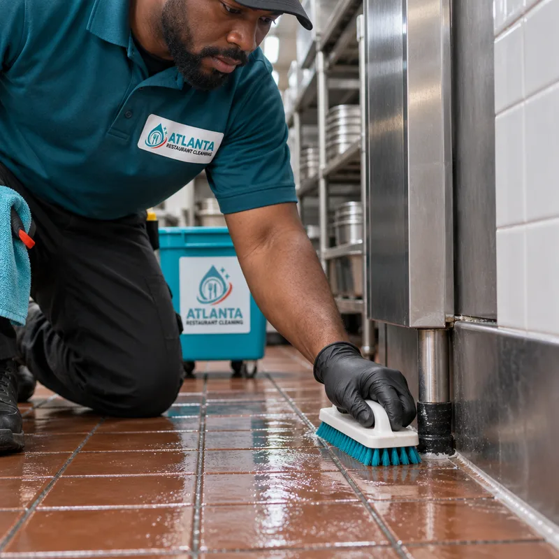 Freshly scrubbed restaurant kitchen floor edge along baseboards and equipment line