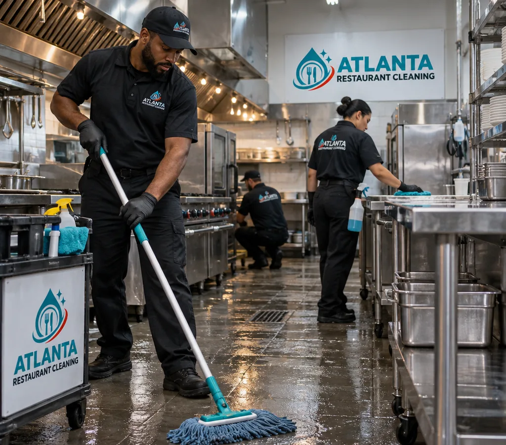 After-hours cleaning crew mopping and sanitizing a commercial restaurant kitchen with stainless prep tables and hood line visible