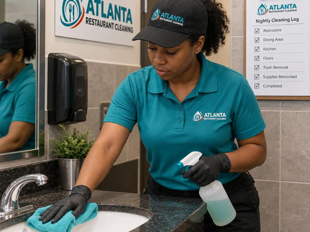Cleaner disinfecting a restaurant restroom sink beside a nightly cleaning log