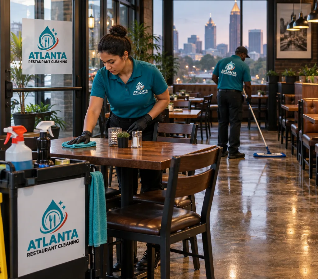 After-hours restaurant dining area being detailed with clean tables, freshly mopped floors, aligned chairs, and a cleaning cart near the entrance