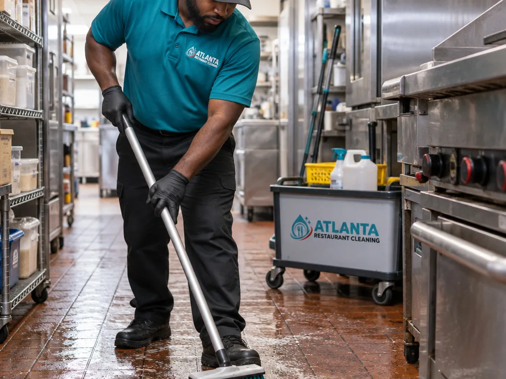 Technician scrubbing a greasy back-of-house floor near a drain after closing while equipment and dry storage remain protected