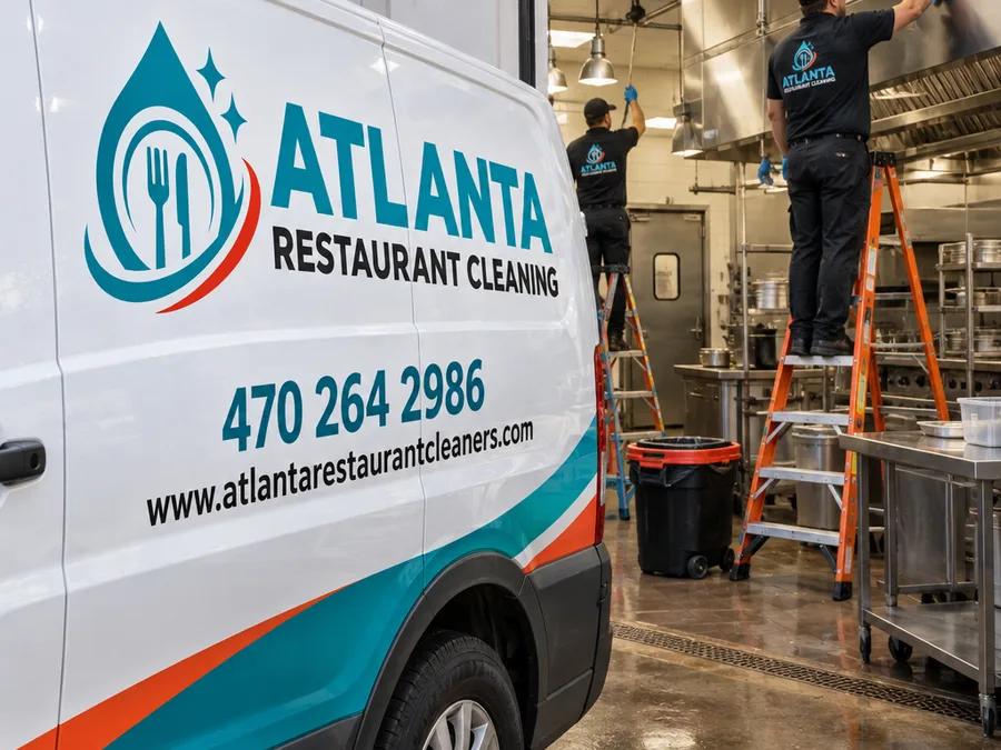 Technician cleaning high ledges above a restaurant bar and beverage station with controlled wiping