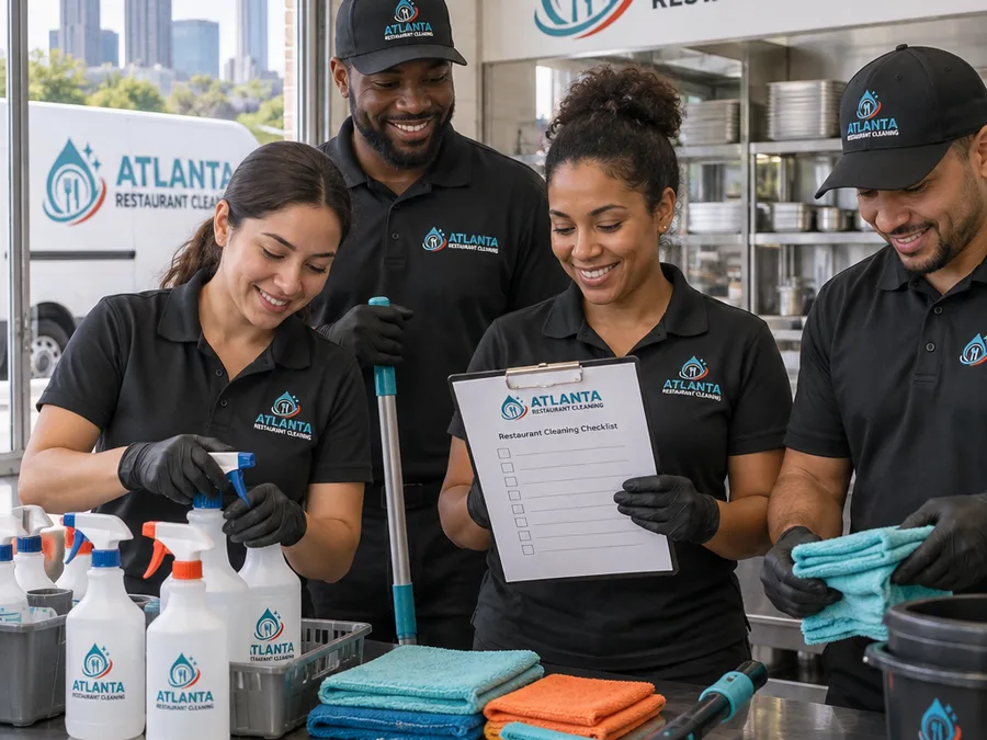 Uniformed cleaning crew preparing labeled supplies and restaurant floor tools