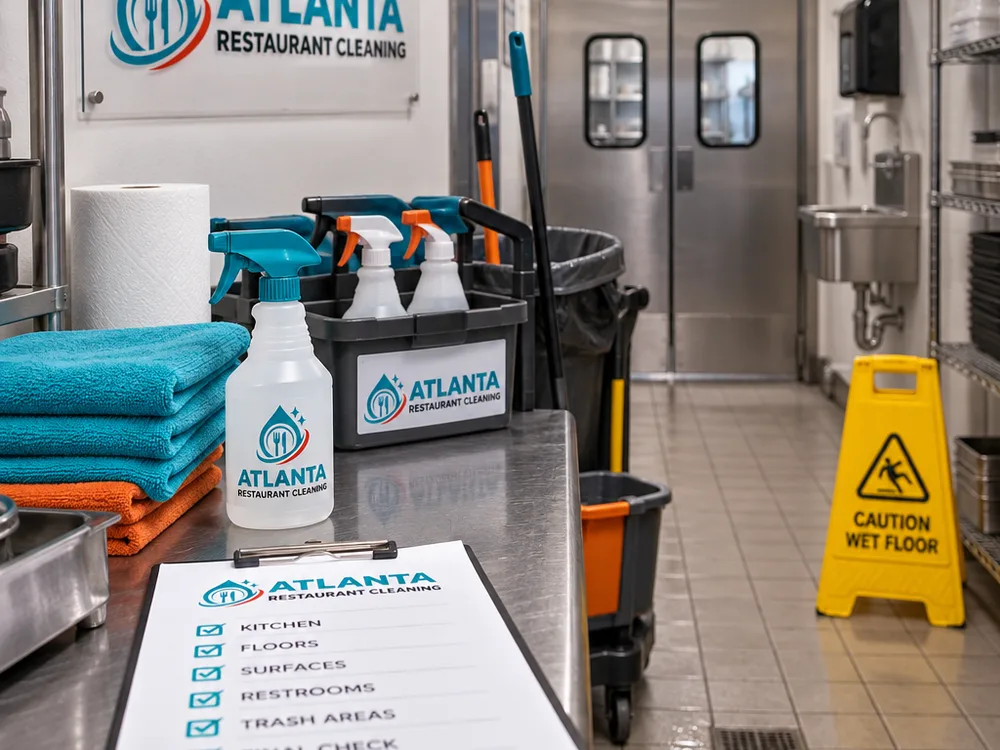 Restaurant cleaning supplies and printed checklist staged in a back-of-house corridor